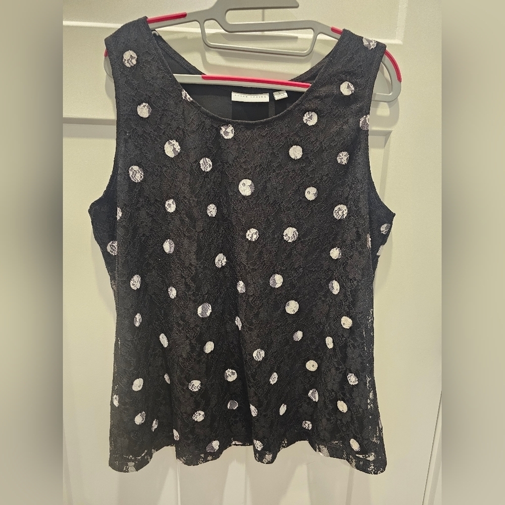 Susan Graver Black Lace Polka Dot Tank Top Women’s Large Sleeveless Stretch Line
